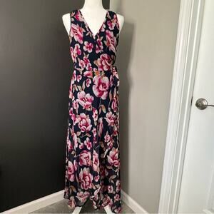 Band Of Gypsies Navy Blue and Pink Floral Maxi Wrap Dress- Size Small